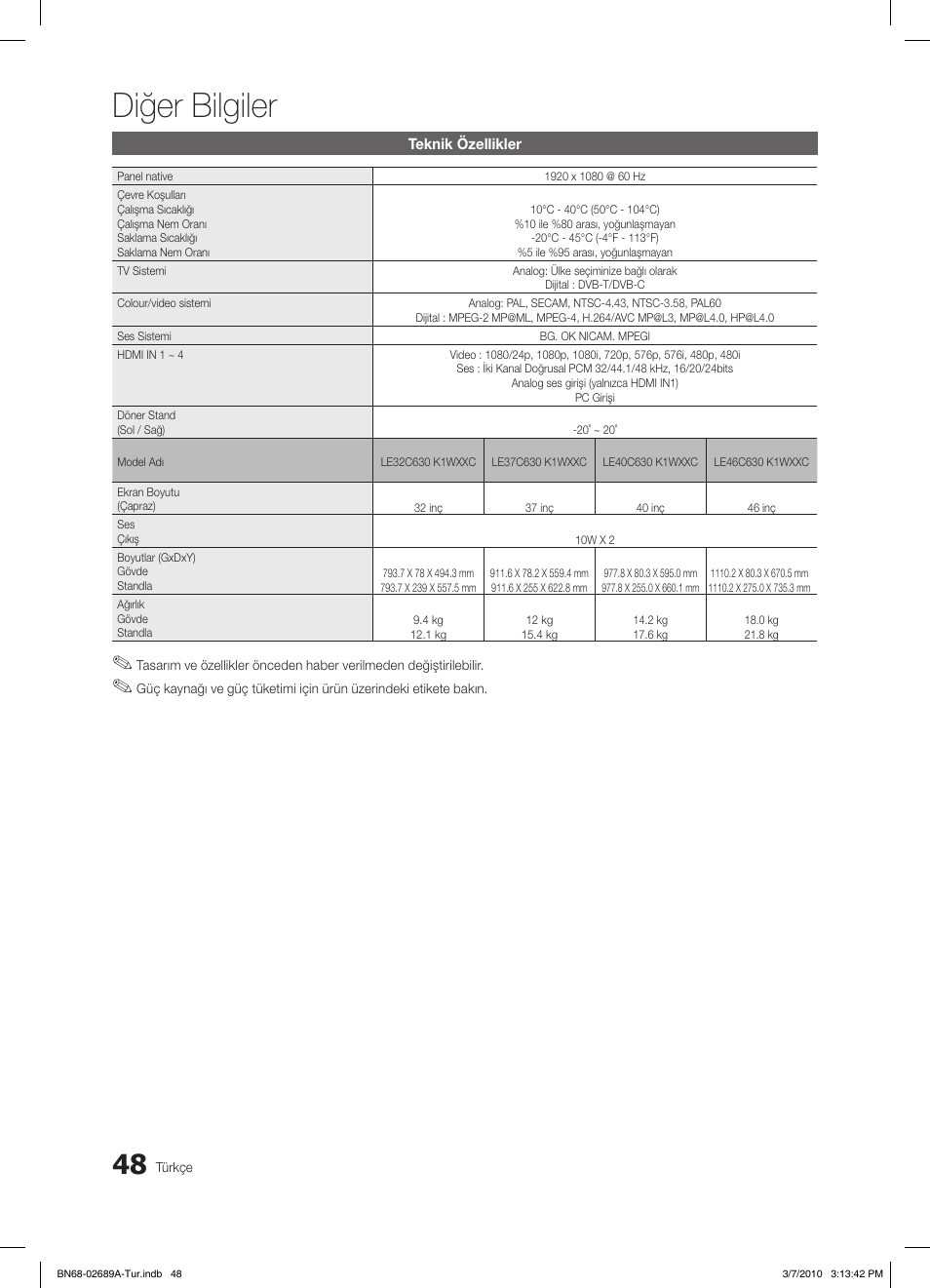 Diğer bilgiler | Samsung LE46C630K1W User Manual | Page 293 / 296