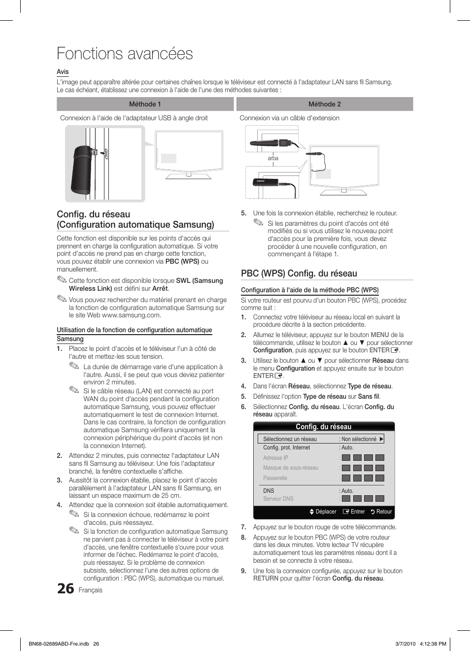 Fonctions avancées, Pbc (wps) config. du réseau | Samsung LE46C630K1W User Manual | Page 75 / 296