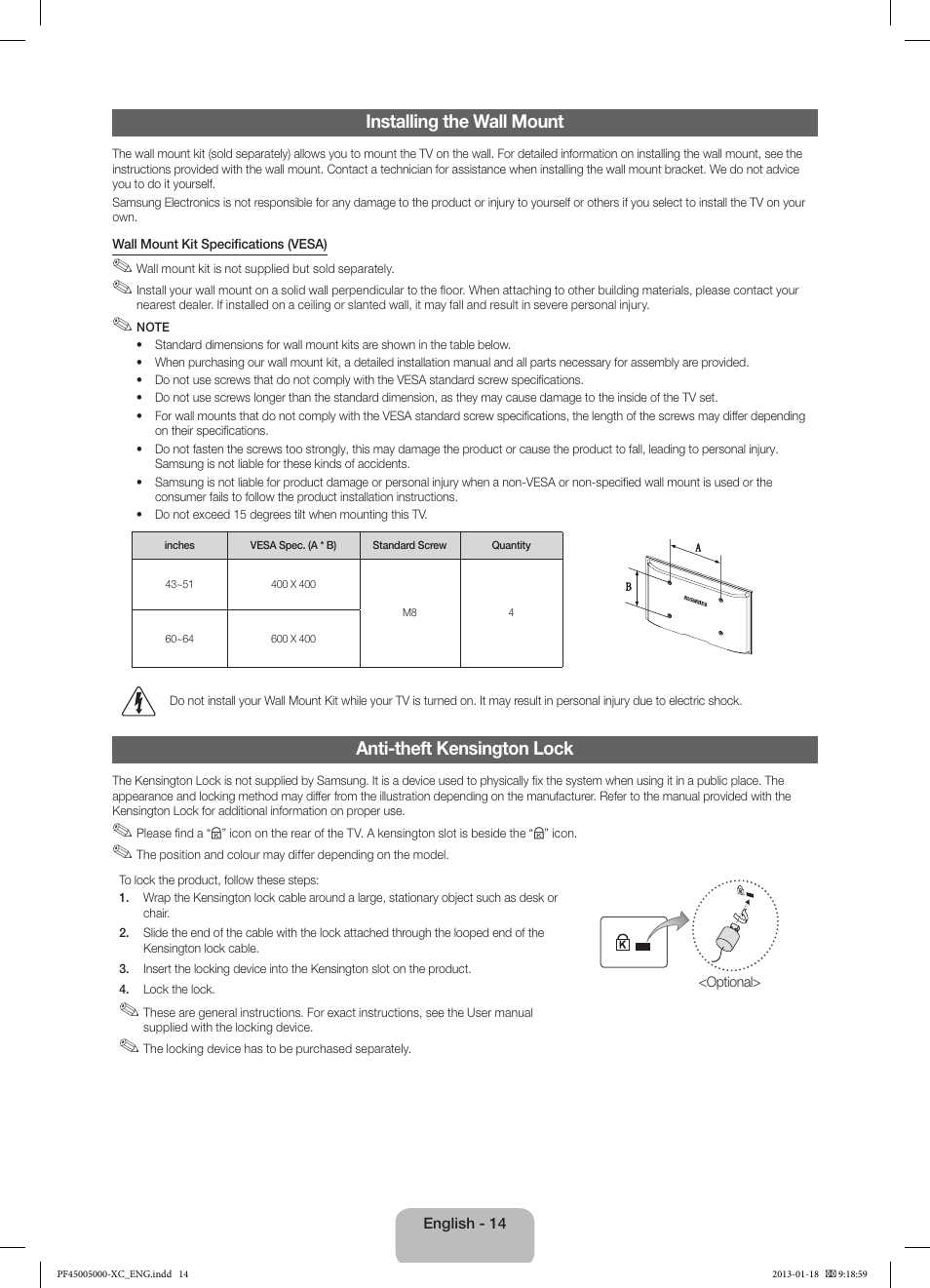 Installing the wall mount, Anti-theft kensington lock | Samsung PS60F5000AW User Manual | Page 14 / 73