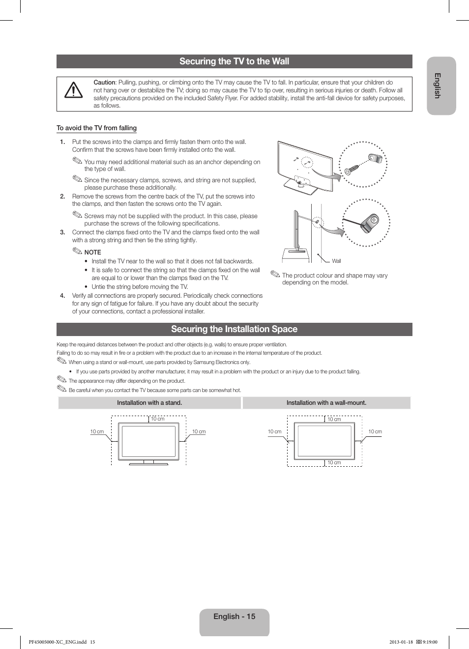 Securing the tv to the wall, Securing the installation space | Samsung PS60F5000AW User Manual | Page 15 / 73