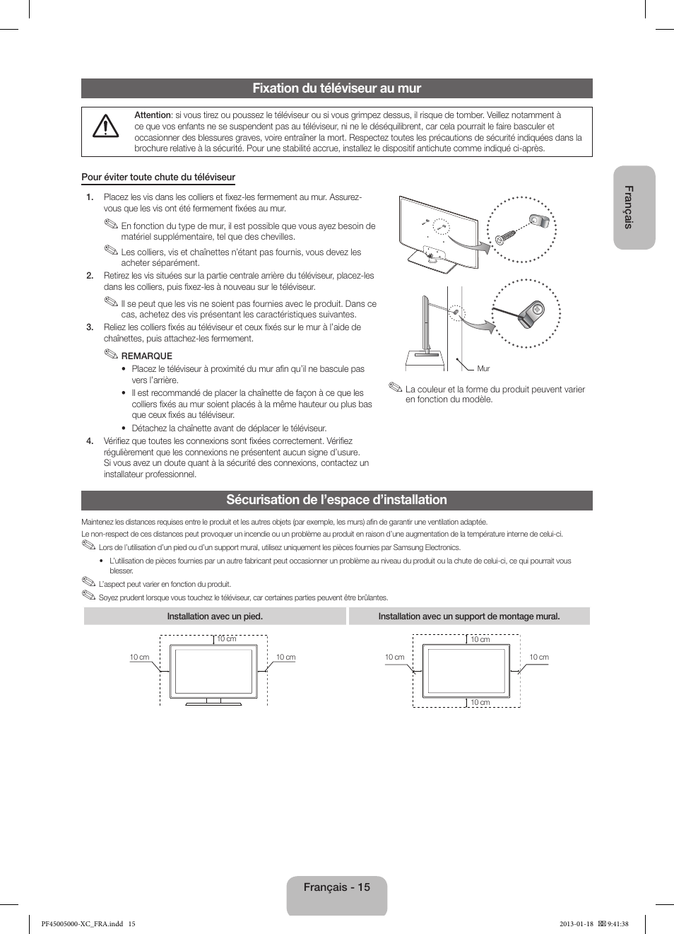 Fixation du téléviseur au mur, Sécurisation de l’espace d’installation | Samsung PS60F5000AW User Manual | Page 33 / 73