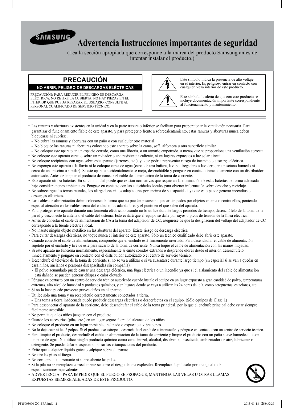 Advertencia instrucciones importantes de seguridad, Precaución | Samsung PS60F5000AW User Manual | Page 38 / 73