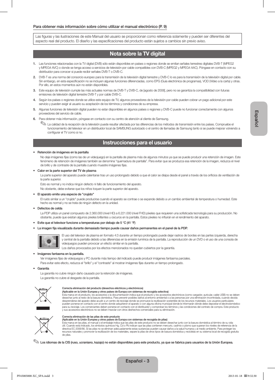 Nota sobre la tv digital, Instrucciones para el usuario | Samsung PS60F5000AW User Manual | Page 39 / 73