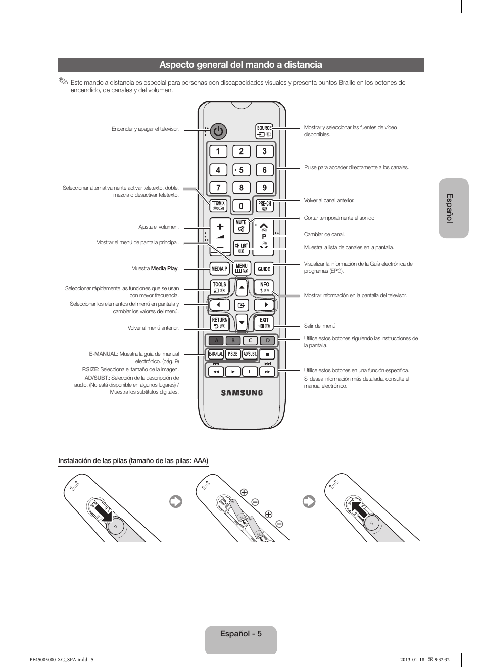 Aspecto general del mando a distancia | Samsung PS60F5000AW User Manual | Page 41 / 73