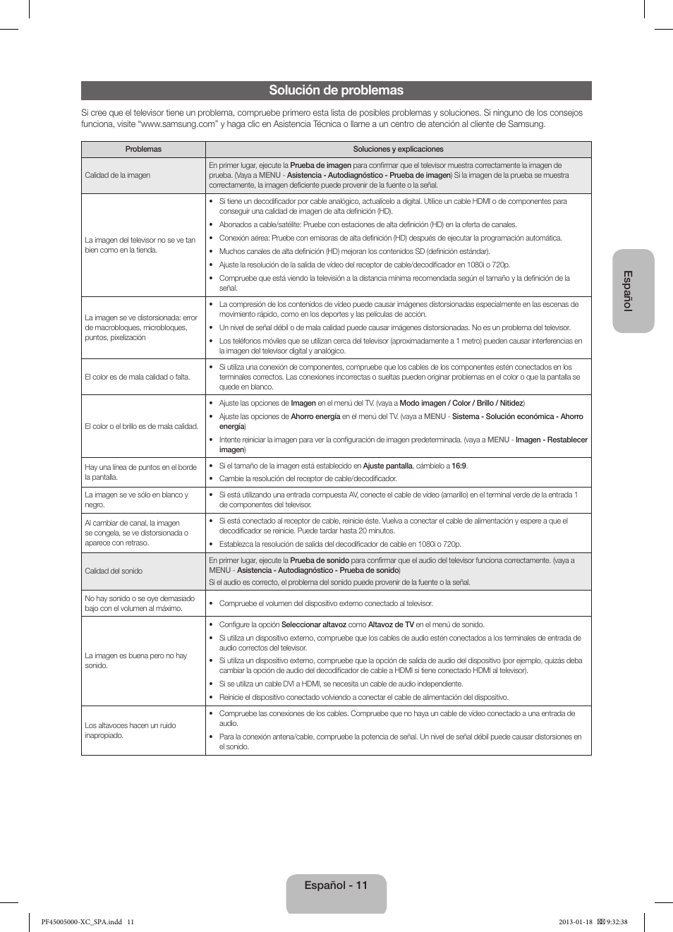 Solución de problemas, Español, Español - 11 | Samsung PS60F5000AW User Manual | Page 47 / 73