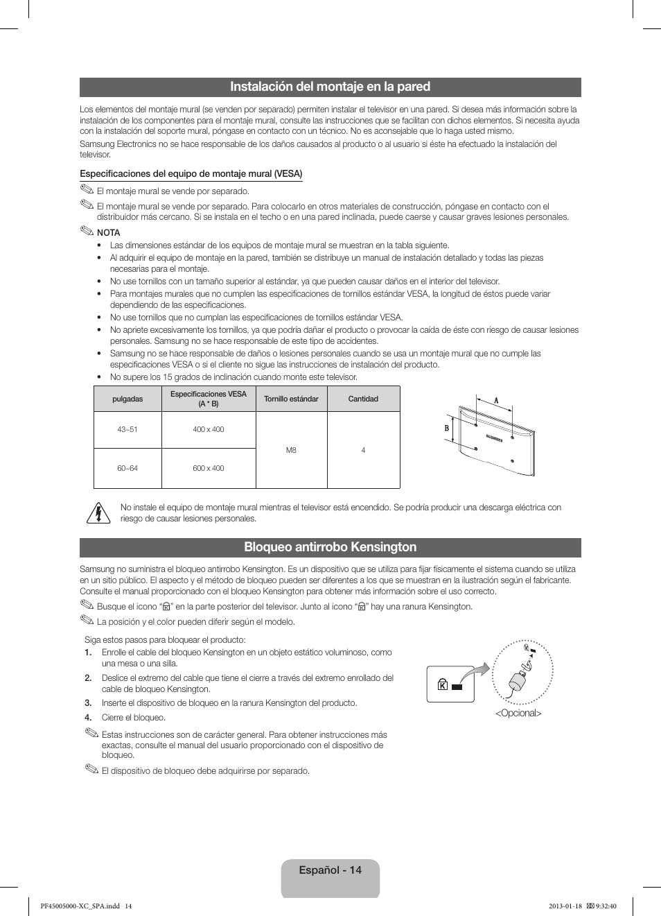 Instalación del montaje en la pared, Bloqueo antirrobo kensington | Samsung PS60F5000AW User Manual | Page 50 / 73