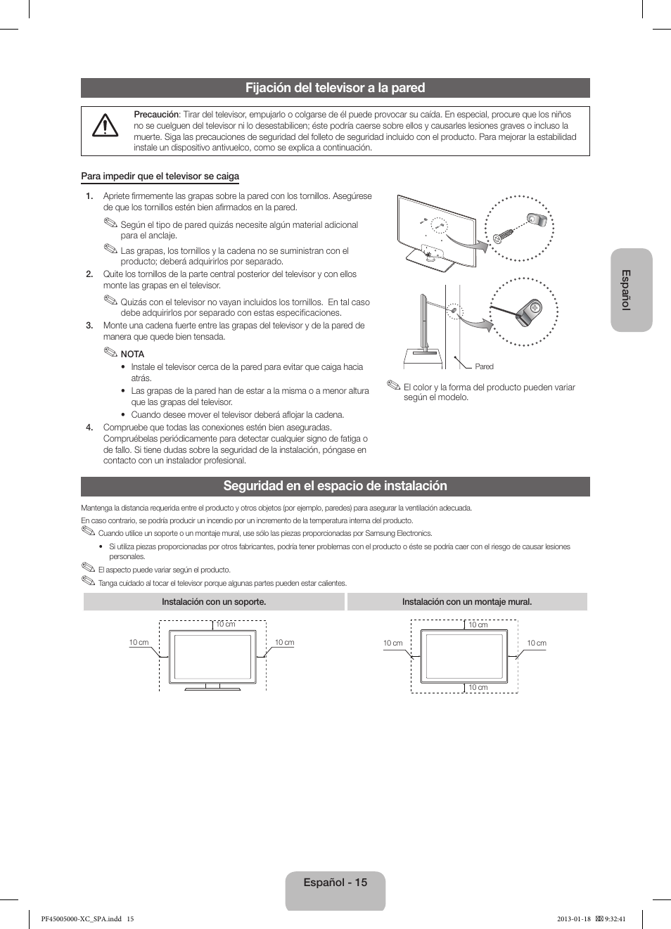 Fijación del televisor a la pared, Seguridad en el espacio de instalación | Samsung PS60F5000AW User Manual | Page 51 / 73