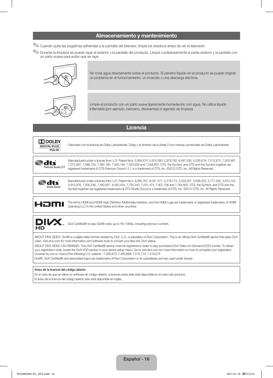 Almacenamiento y mantenimiento, Licencia | Samsung PS60F5000AW User Manual | Page 52 / 73