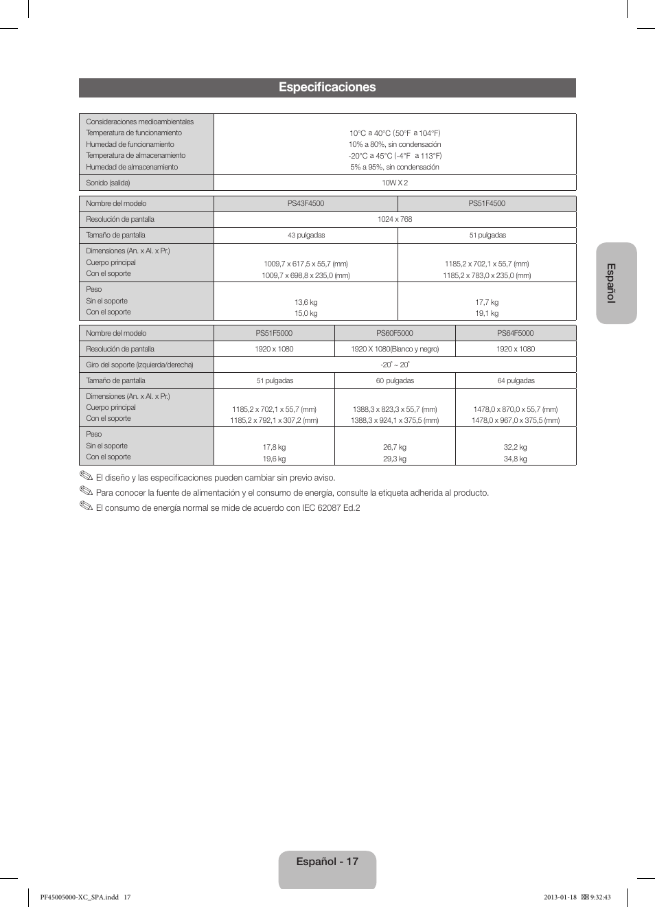 Especificaciones | Samsung PS60F5000AW User Manual | Page 53 / 73