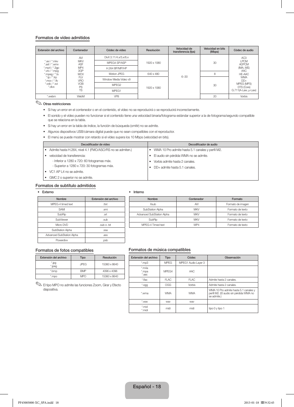 Español - 18 | Samsung PS60F5000AW User Manual | Page 54 / 73