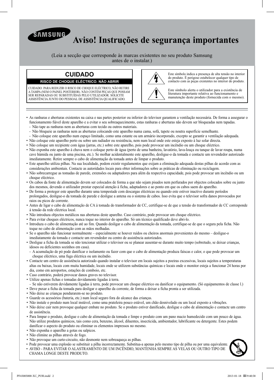 Aviso! instruções de segurança importantes, Cuidado | Samsung PS60F5000AW User Manual | Page 56 / 73