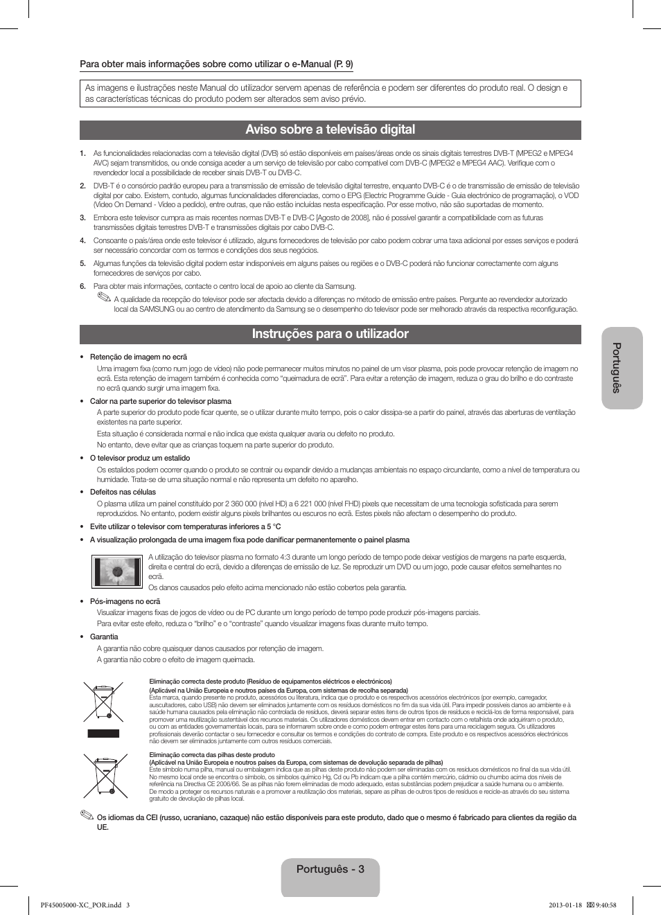 Aviso sobre a televisão digital, Instruções para o utilizador | Samsung PS60F5000AW User Manual | Page 57 / 73