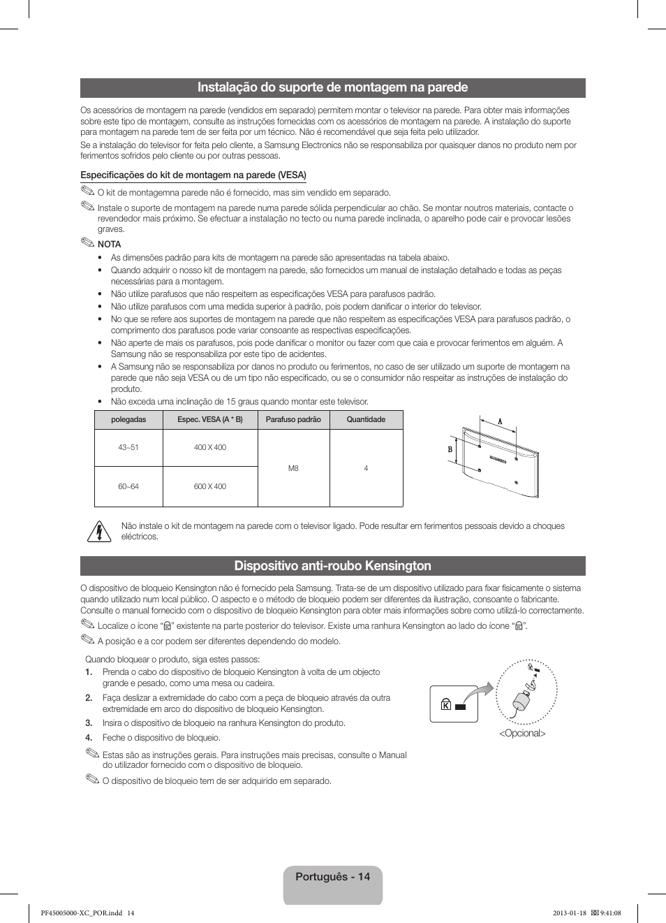 Instalação do suporte de montagem na parede, Dispositivo anti-roubo kensington | Samsung PS60F5000AW User Manual | Page 68 / 73