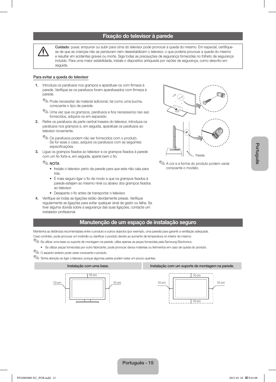 Fixação do televisor à parede, Manutenção de um espaço de instalação seguro | Samsung PS60F5000AW User Manual | Page 69 / 73