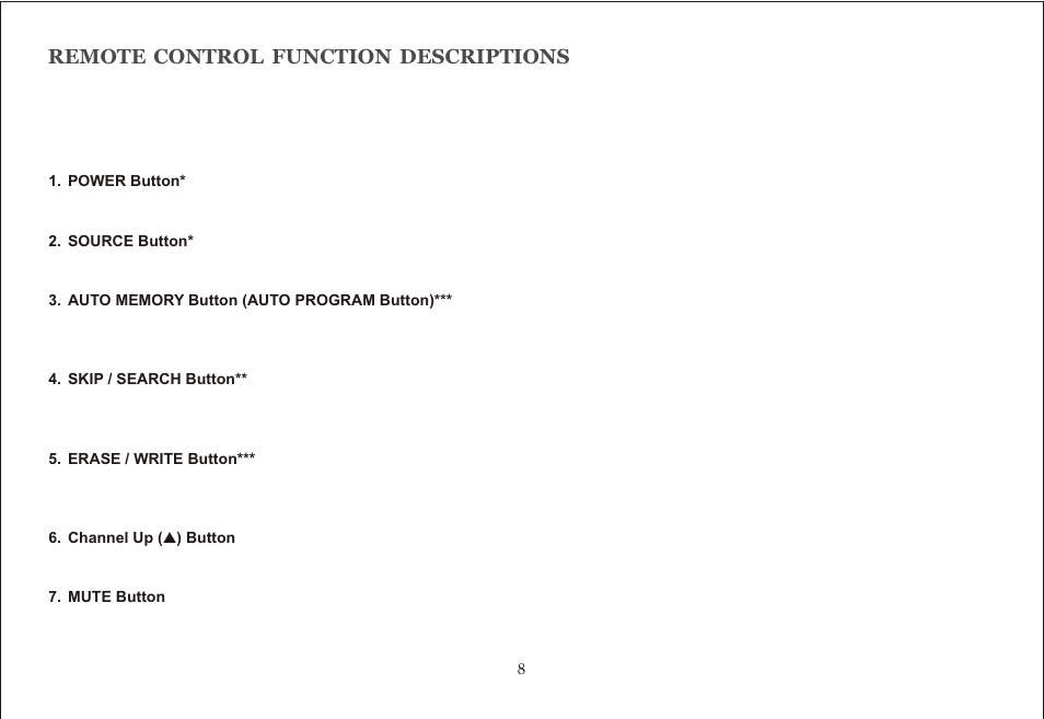 Remote control function descriptions | Audiovox Jensen JE17FDTV User Manual | Page 8 / 39