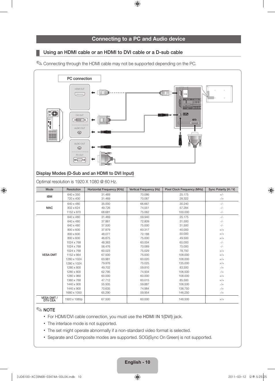 Connecting to a pc and audio device | Samsung UE32D6100SW User Manual | Page 10 / 87