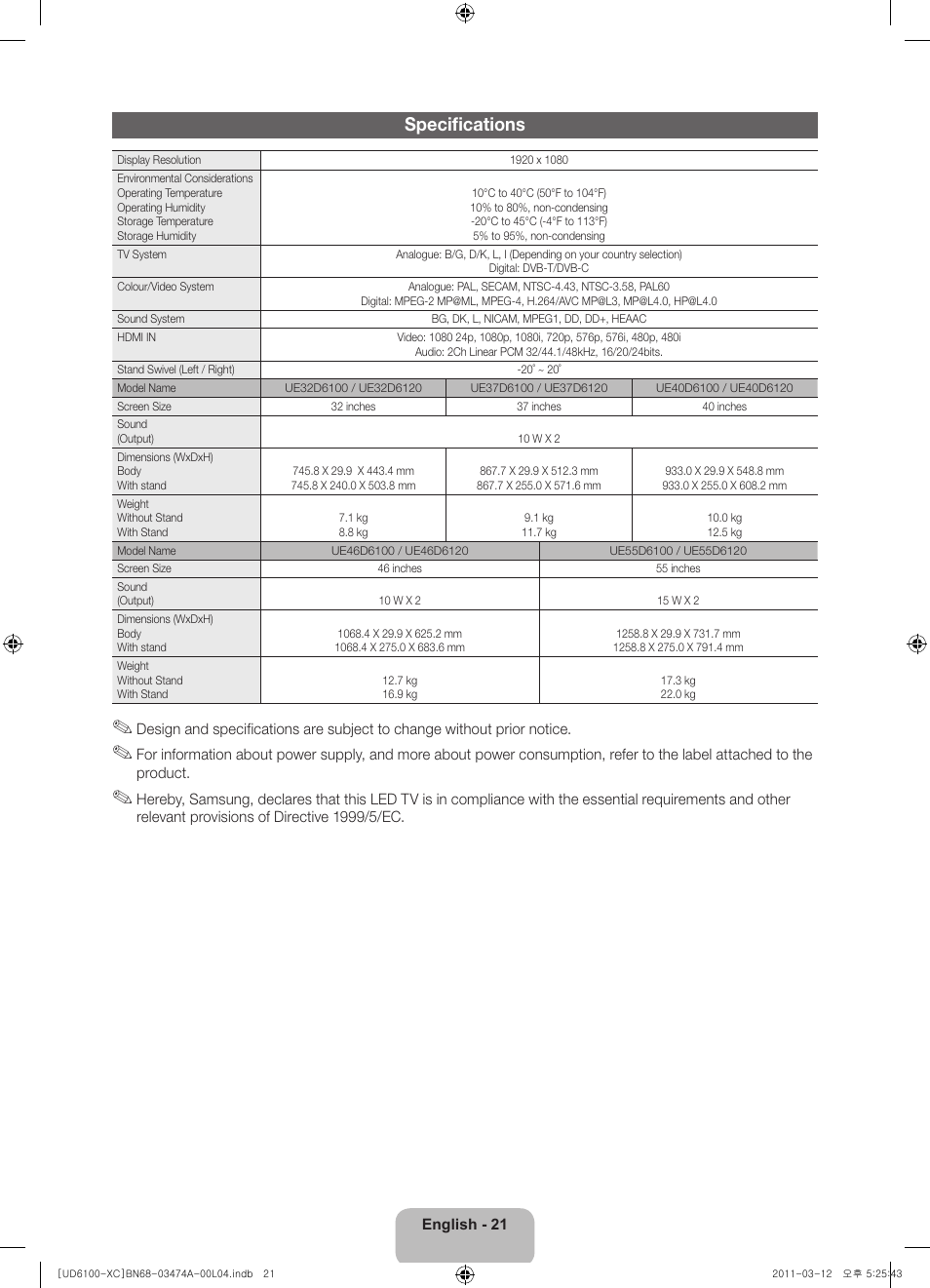 Specifications | Samsung UE32D6100SW User Manual | Page 21 / 87
