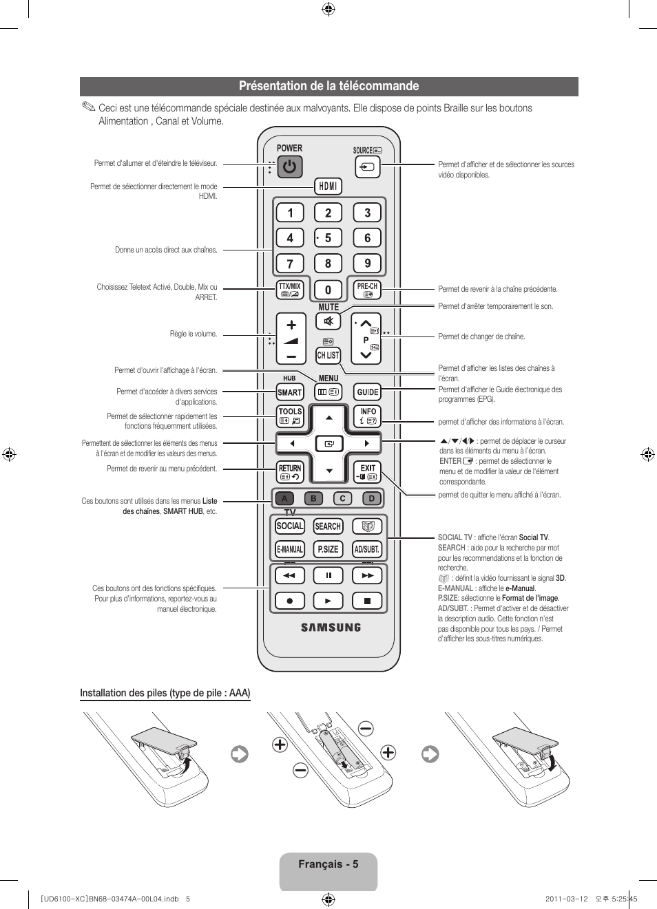 Présentation de la télécommande | Samsung UE32D6100SW User Manual | Page 27 / 87