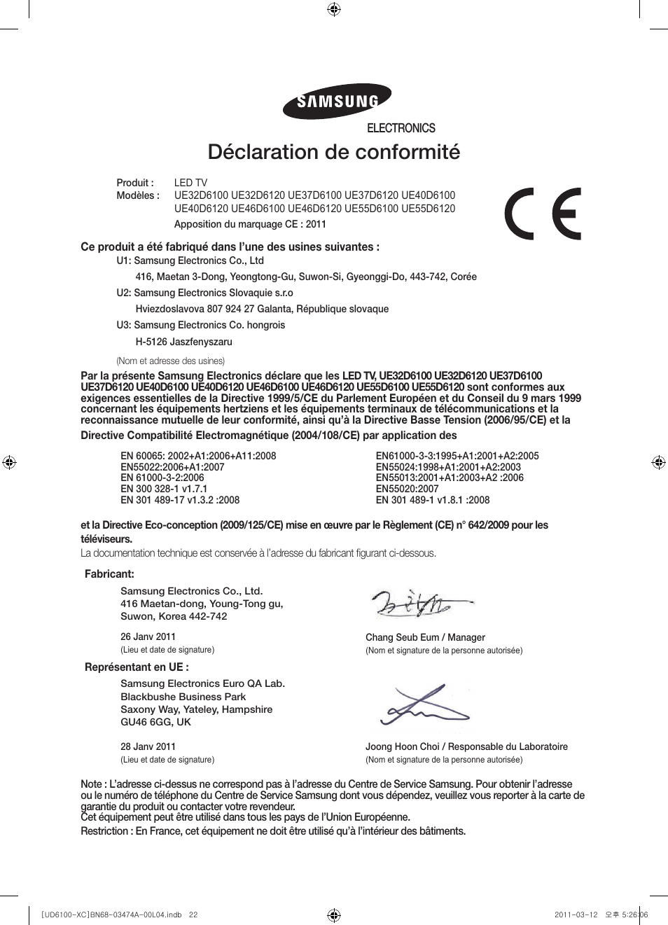 Déclaration de conformité | Samsung UE32D6100SW User Manual | Page 44 / 87