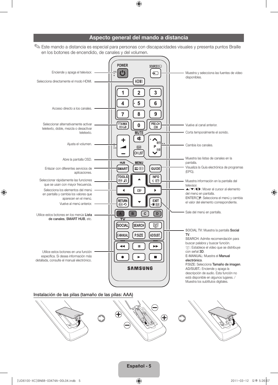 Aspecto general del mando a distancia | Samsung UE32D6100SW User Manual | Page 49 / 87