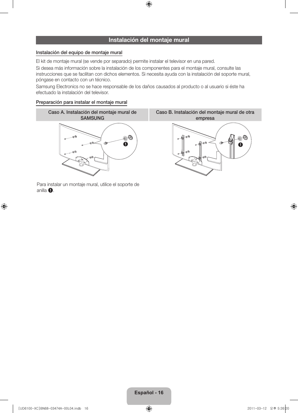 Instalación del montaje mural | Samsung UE32D6100SW User Manual | Page 60 / 87