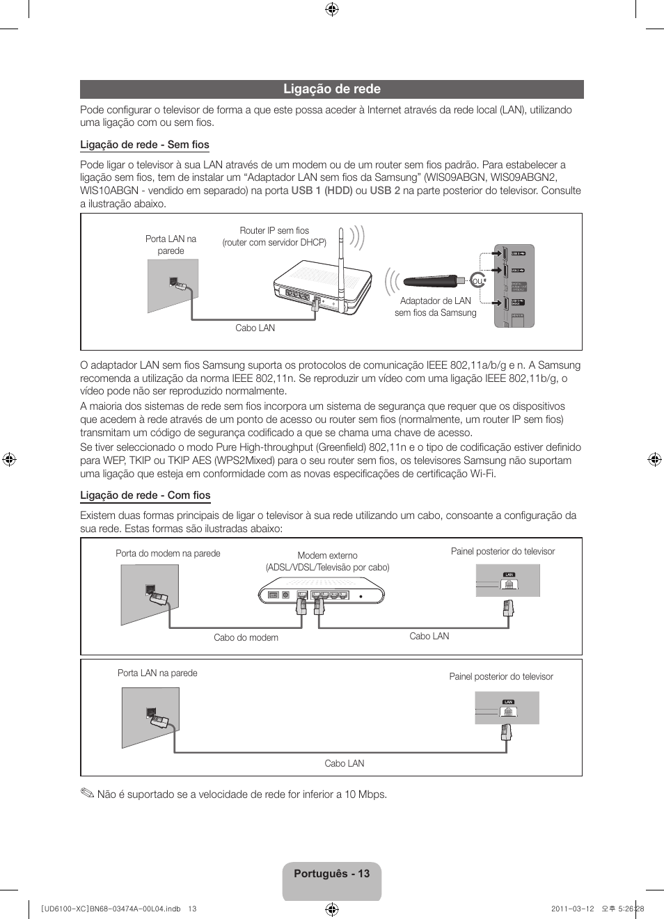 Ligação de rede | Samsung UE32D6100SW User Manual | Page 78 / 87