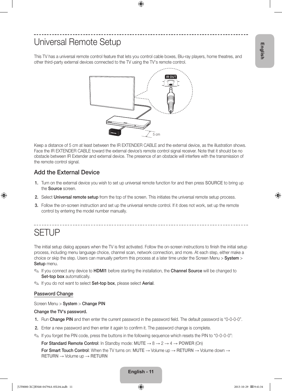 Universal remote setup, Setup, Add the external device | Samsung UE55F8000SL User Manual | Page 11 / 97