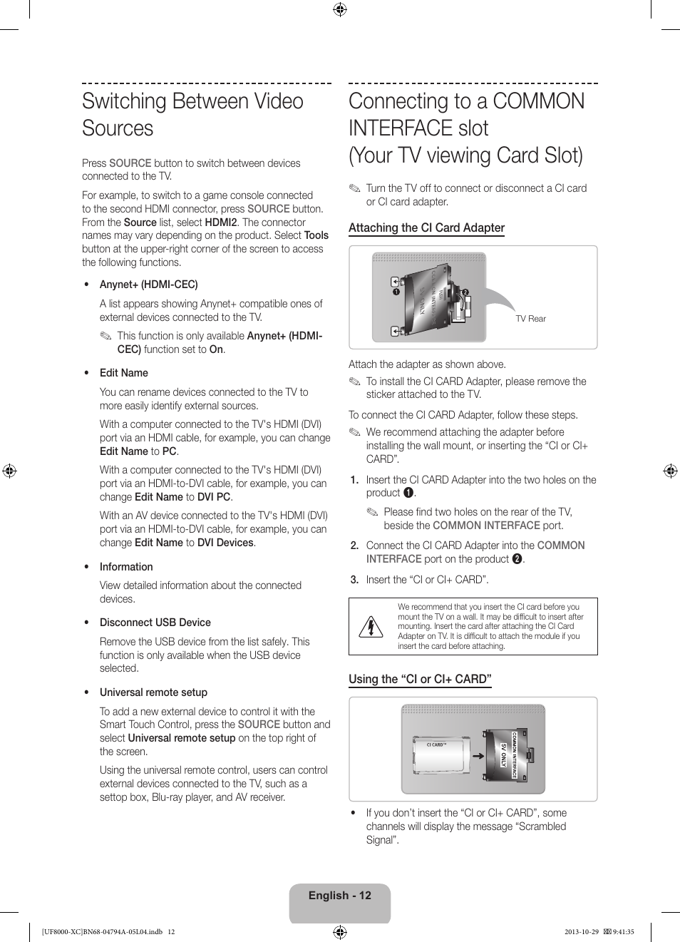 Switching between video sources | Samsung UE55F8000SL User Manual | Page 12 / 97