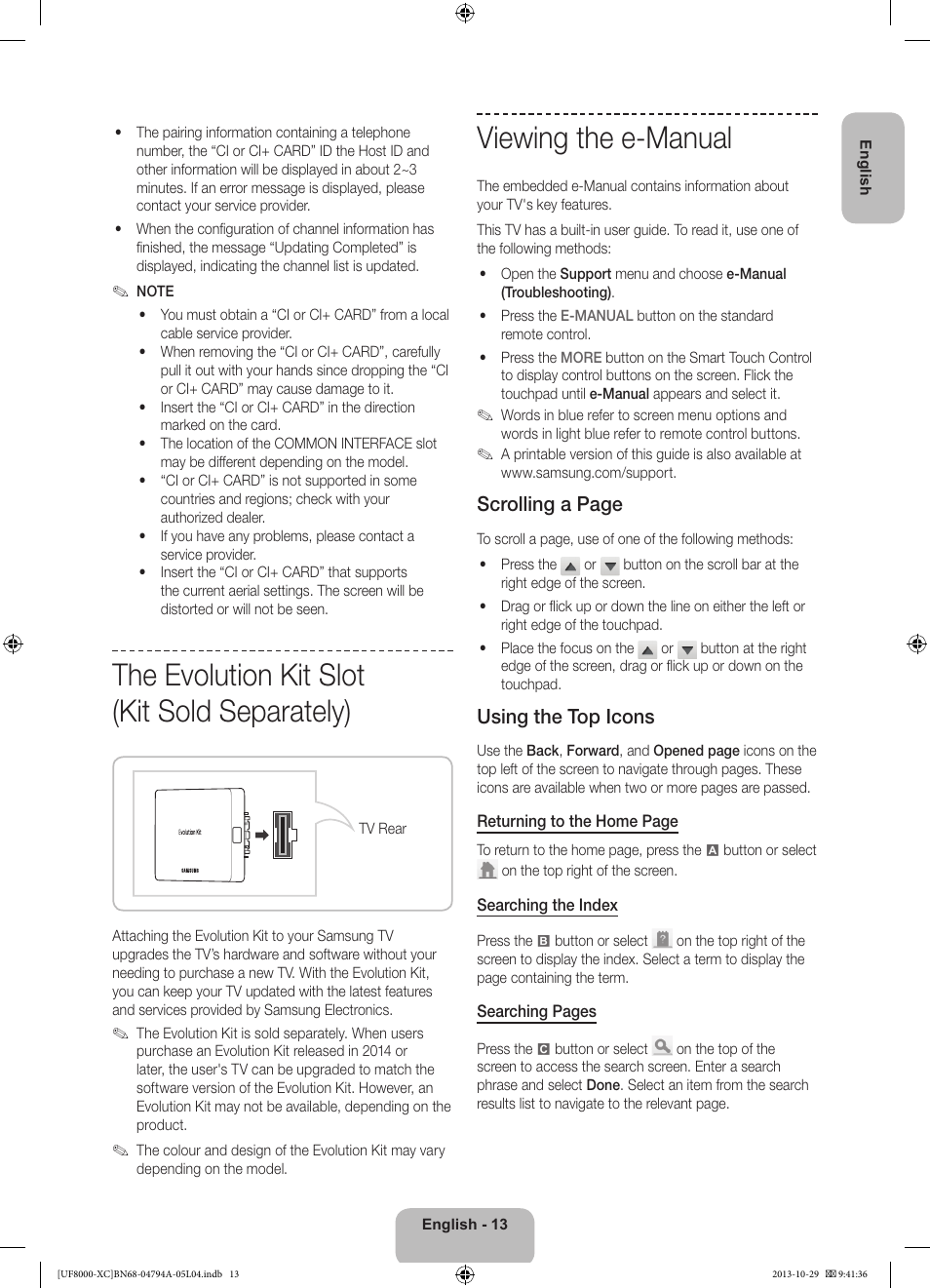 The evolution kit slot (kit sold separately), Viewing the e-manual, Scrolling a page | Using the top icons | Samsung UE55F8000SL User Manual | Page 13 / 97