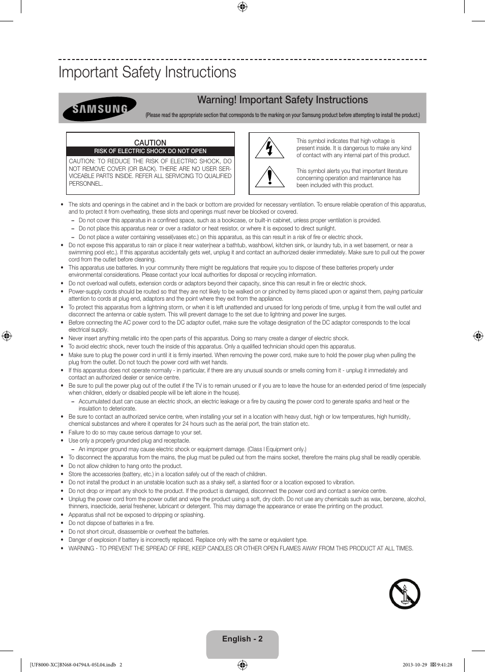 Important safety instructions, Warning! important safety instructions | Samsung UE55F8000SL User Manual | Page 2 / 97