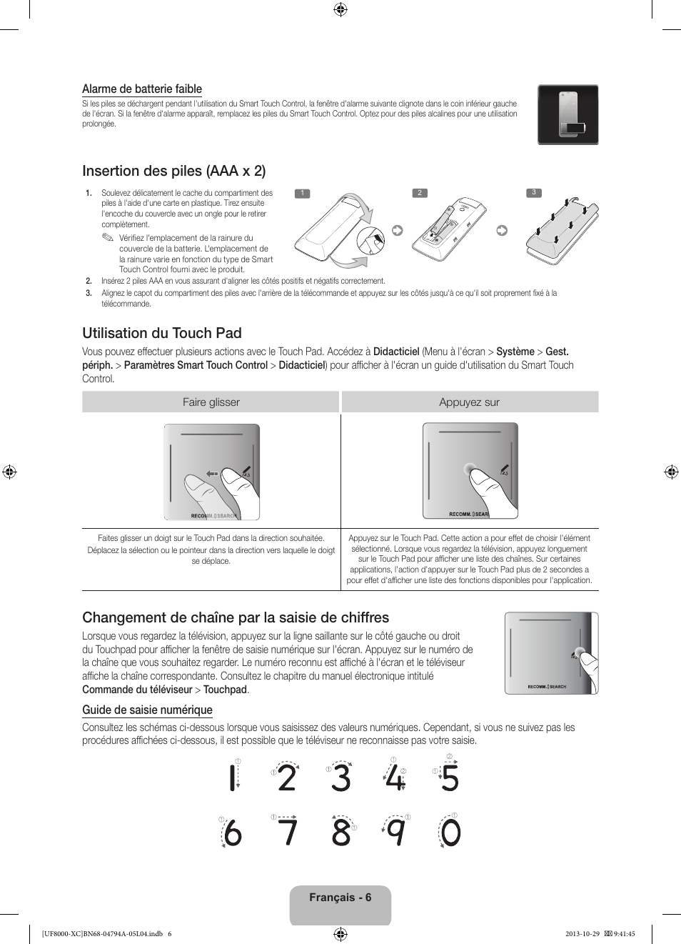 Insertion des piles (aaa x 2), Utilisation du touch pad, Changement de chaîne par la saisie de chiffres | Samsung UE55F8000SL User Manual | Page 30 / 97