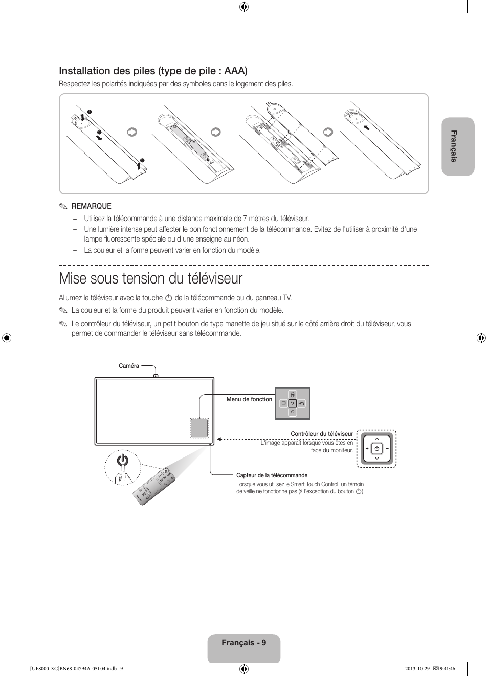 Mise sous tension du téléviseur, Installation des piles (type de pile : aaa) | Samsung UE55F8000SL User Manual | Page 33 / 97