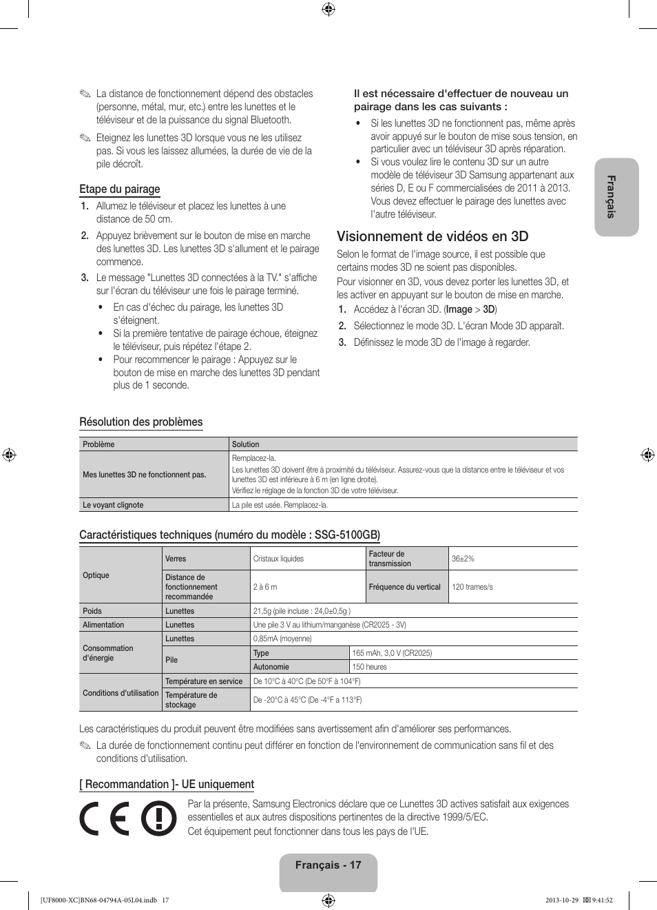 Visionnement de vidéos en 3d | Samsung UE55F8000SL User Manual | Page 41 / 97