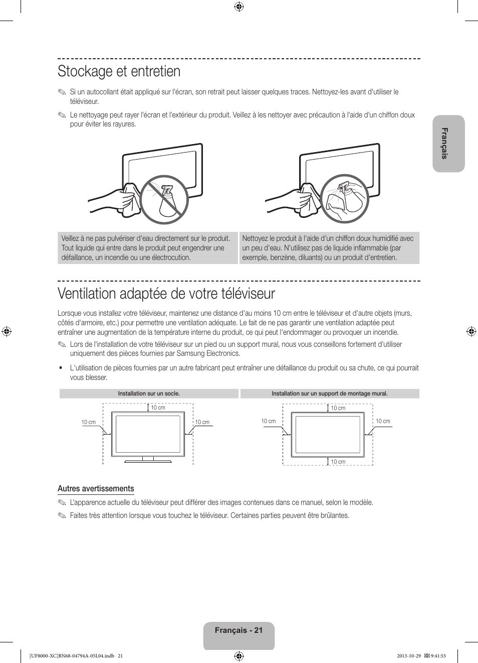 Stockage et entretien, Ventilation adaptée de votre téléviseur | Samsung UE55F8000SL User Manual | Page 45 / 97