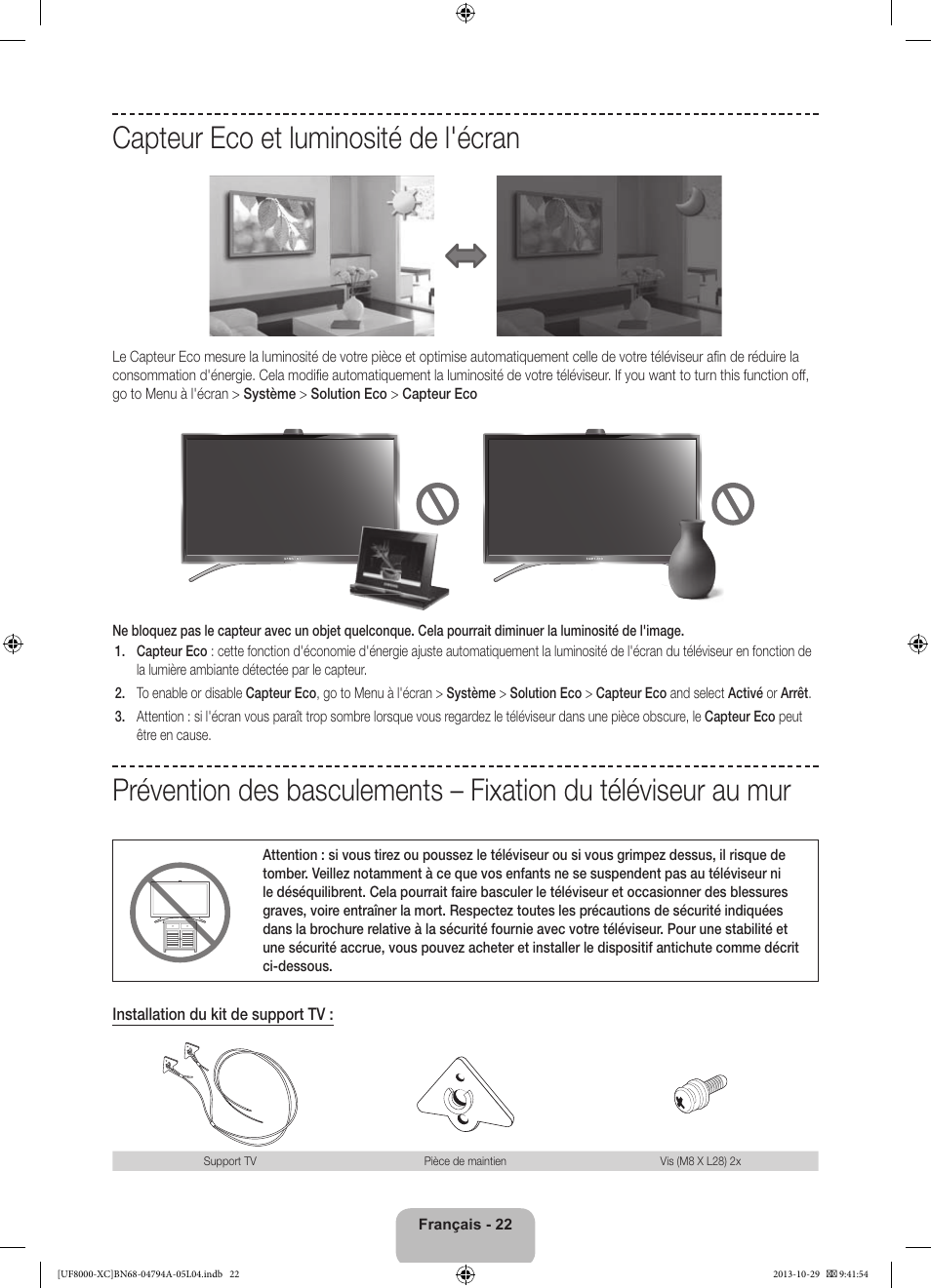 Capteur eco et luminosité de l'écran | Samsung UE55F8000SL User Manual | Page 46 / 97