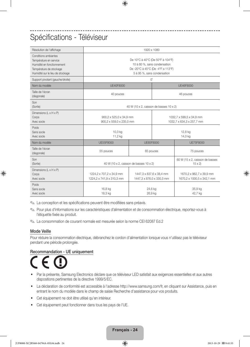 Spécifications - téléviseur, Mode veille, Recommandation - ue uniquement | Samsung UE55F8000SL User Manual | Page 48 / 97