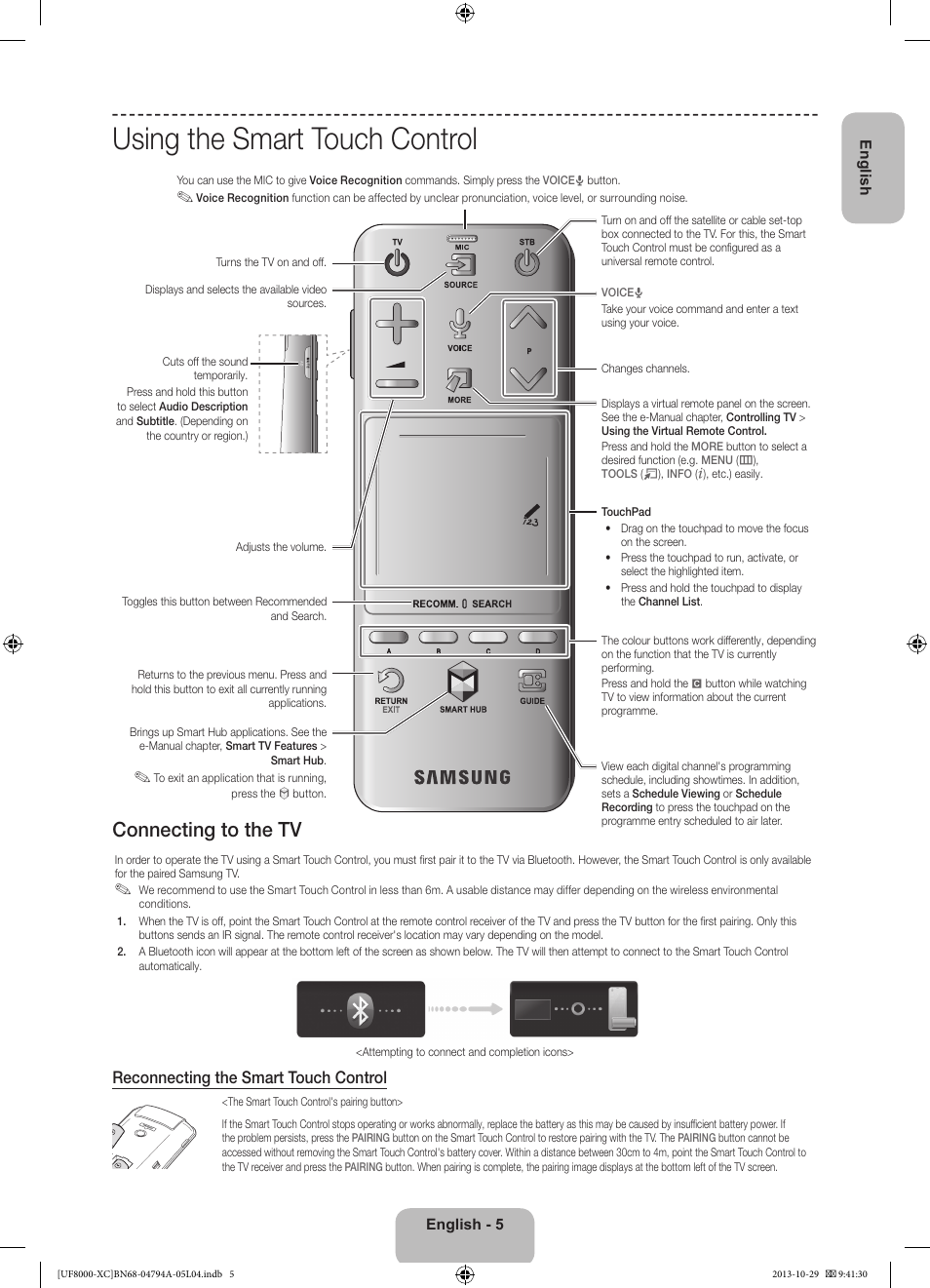 Using the smart touch control, Connecting to the tv, Reconnecting the smart touch control | Samsung UE55F8000SL User Manual | Page 5 / 97