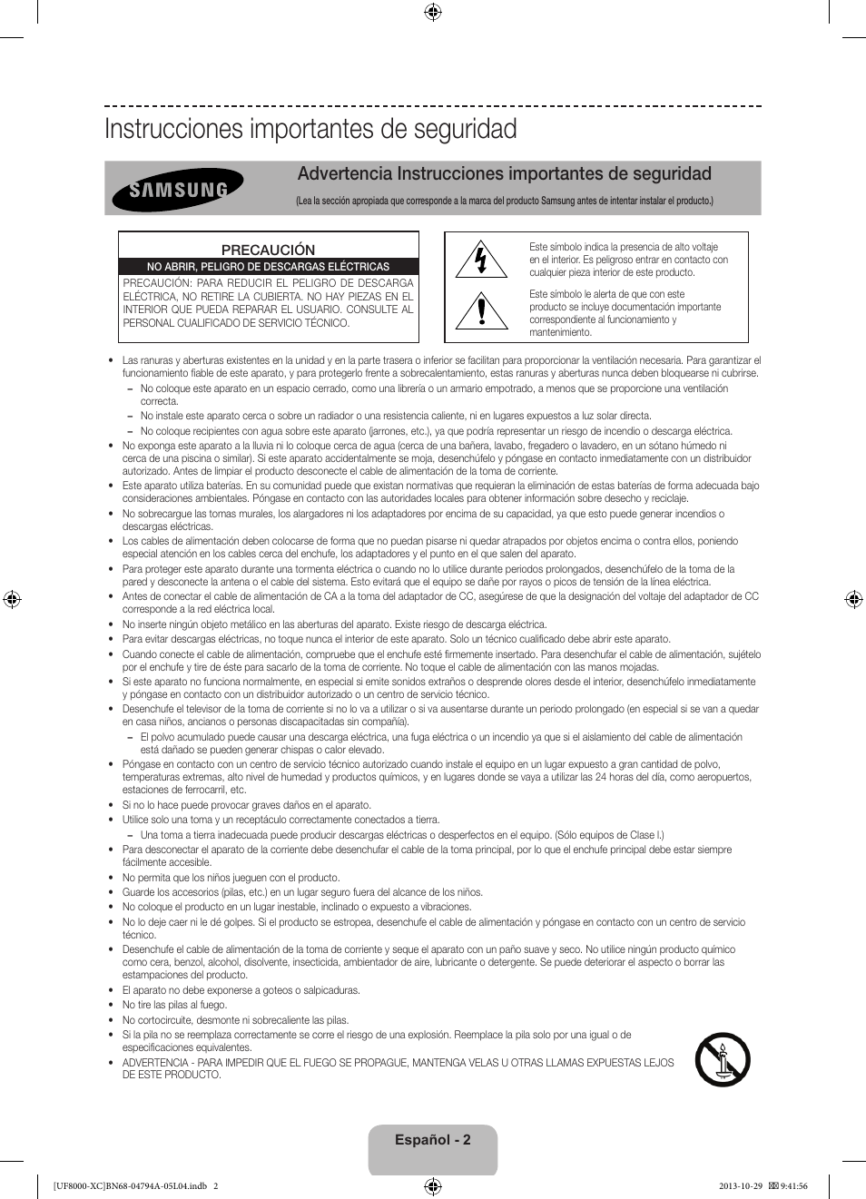 Instrucciones importantes de seguridad, Advertencia instrucciones importantes de seguridad | Samsung UE55F8000SL User Manual | Page 50 / 97