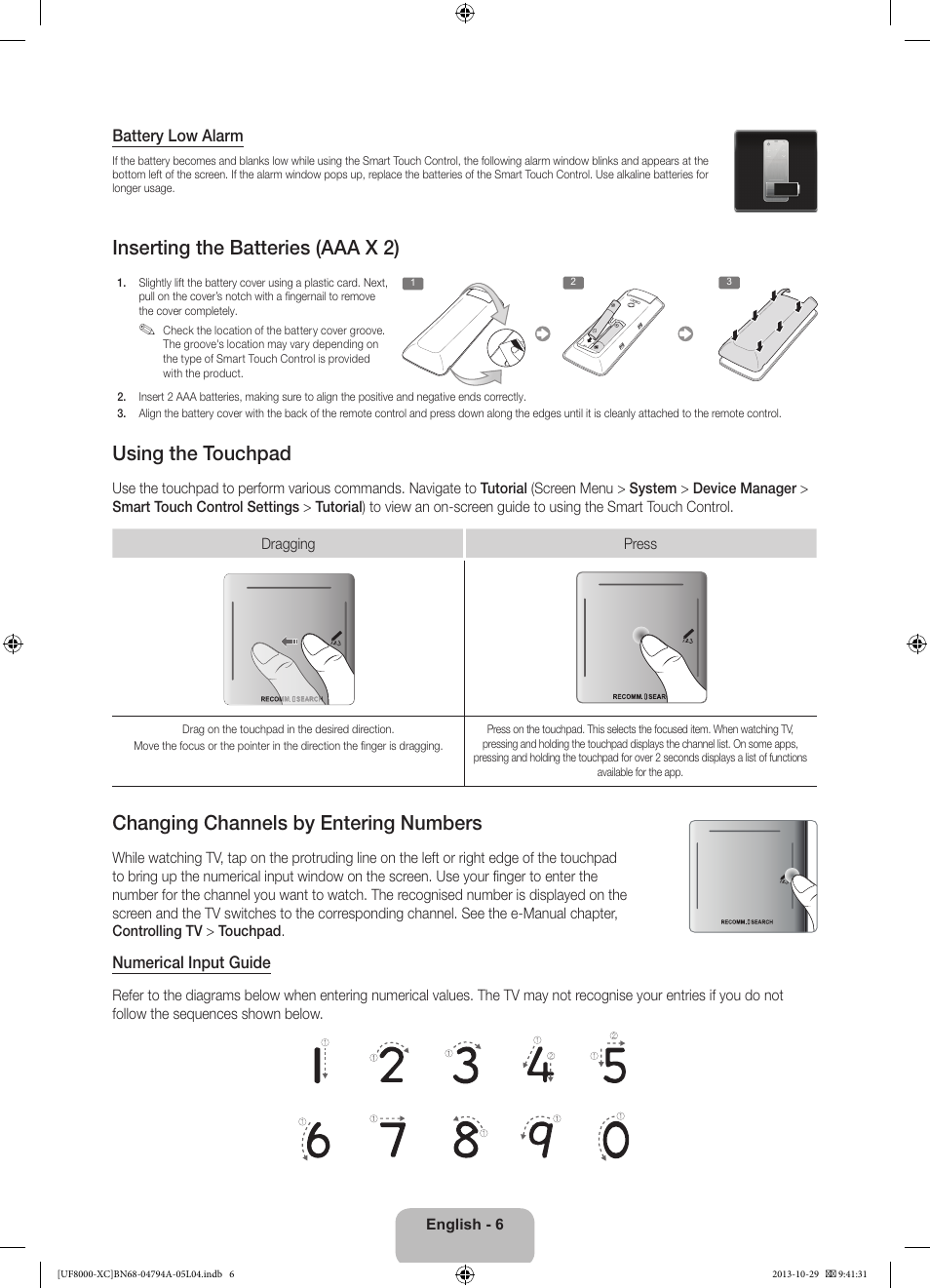 Inserting the batteries (aaa x 2), Using the touchpad, Changing channels by entering numbers | Samsung UE55F8000SL User Manual | Page 6 / 97