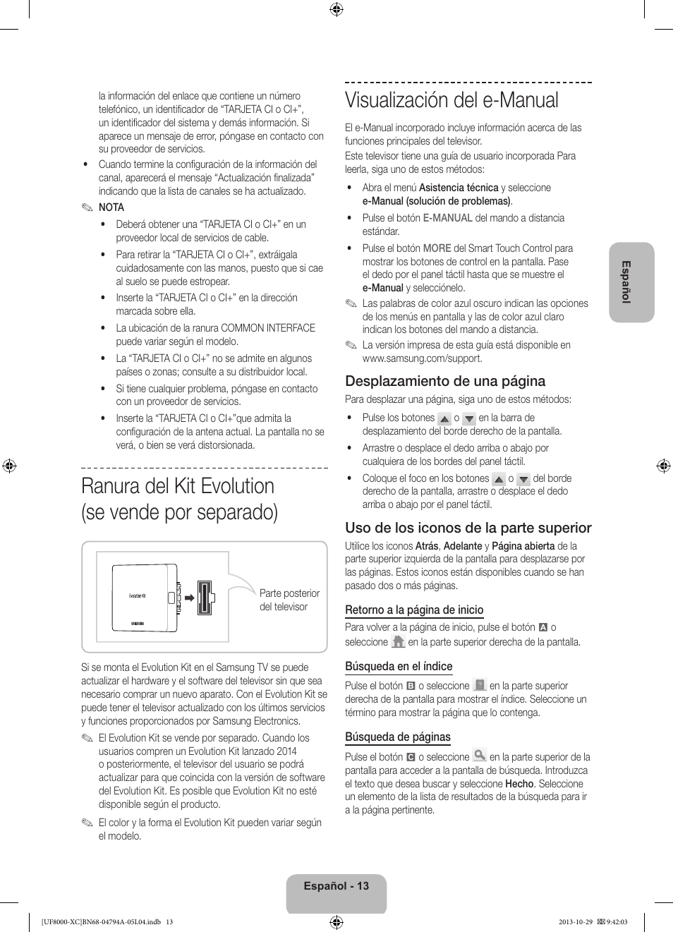 Ranura del kit evolution (se vende por separado), Visualización del e-manual, Desplazamiento de una página | Uso de los iconos de la parte superior | Samsung UE55F8000SL User Manual | Page 61 / 97