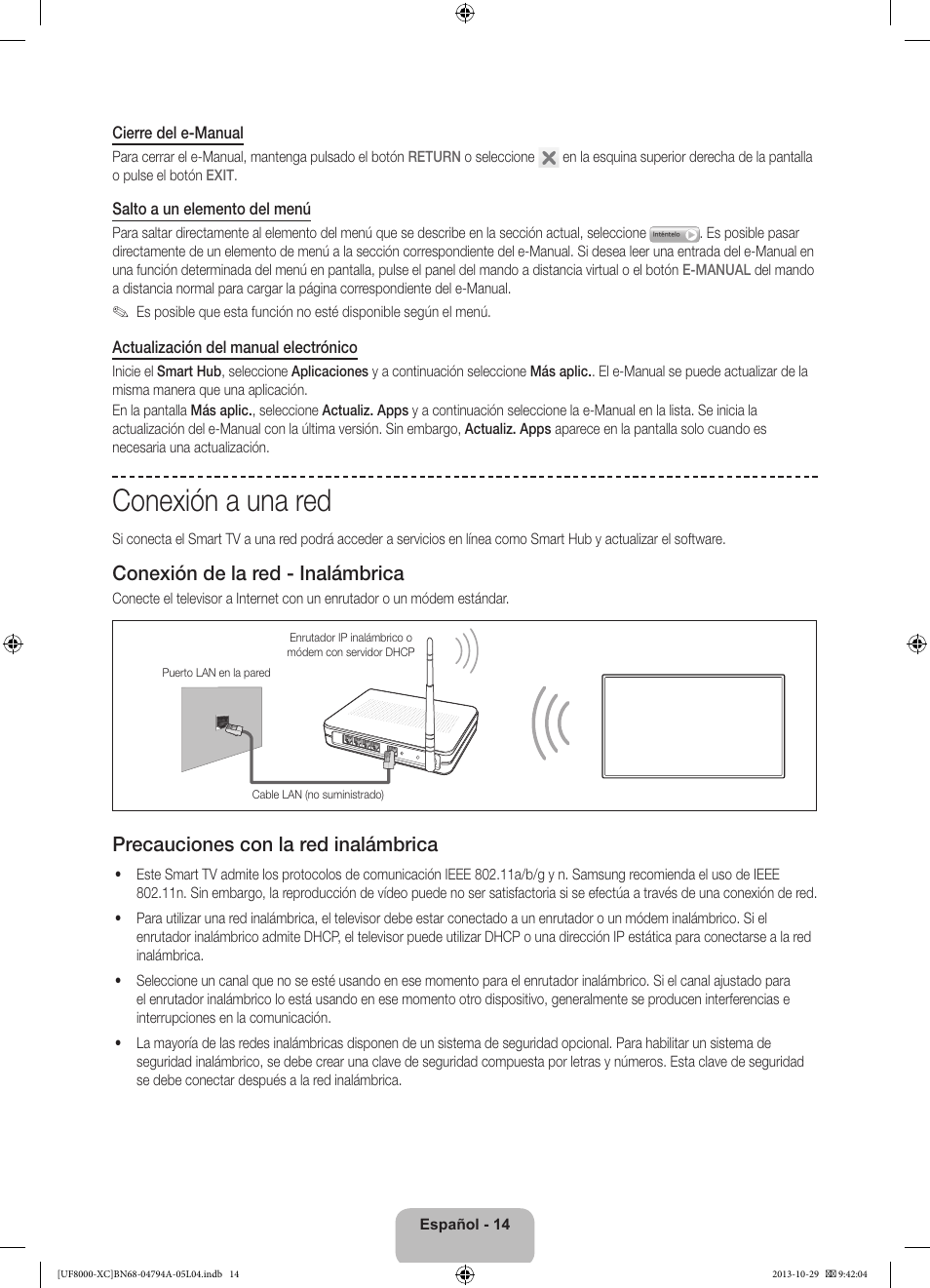 Conexión a una red, Conexión de la red - inalámbrica, Precauciones con la red inalámbrica | Samsung UE55F8000SL User Manual | Page 62 / 97