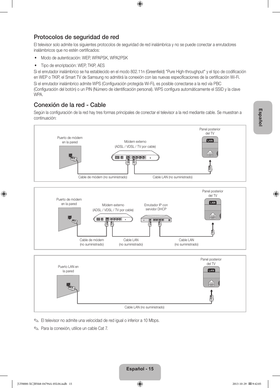 Protocolos de seguridad de red, Conexión de la red - cable | Samsung UE55F8000SL User Manual | Page 63 / 97