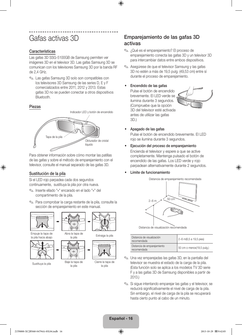 Gafas activas 3d, Emparejamiento de las gafas 3d activas | Samsung UE55F8000SL User Manual | Page 64 / 97