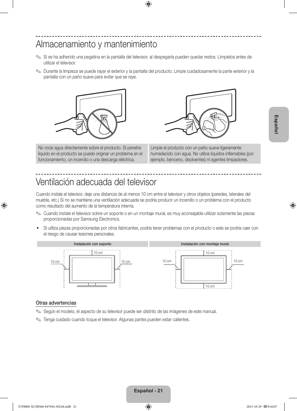 Almacenamiento y mantenimiento, Ventilación adecuada del televisor | Samsung UE55F8000SL User Manual | Page 69 / 97