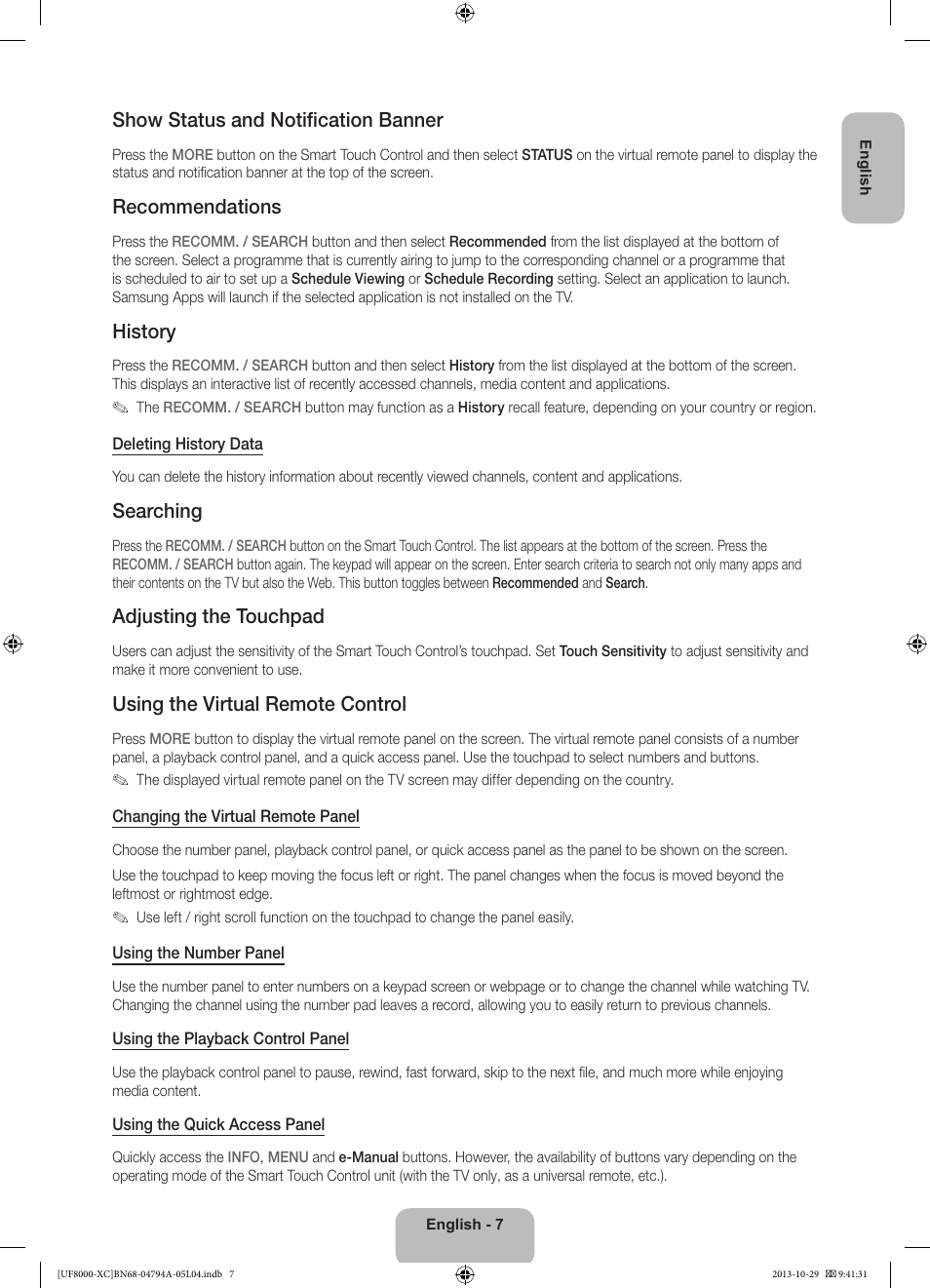 Show status and notification banner, Recommendations, History | Searching, Adjusting the touchpad, Using the virtual remote control | Samsung UE55F8000SL User Manual | Page 7 / 97