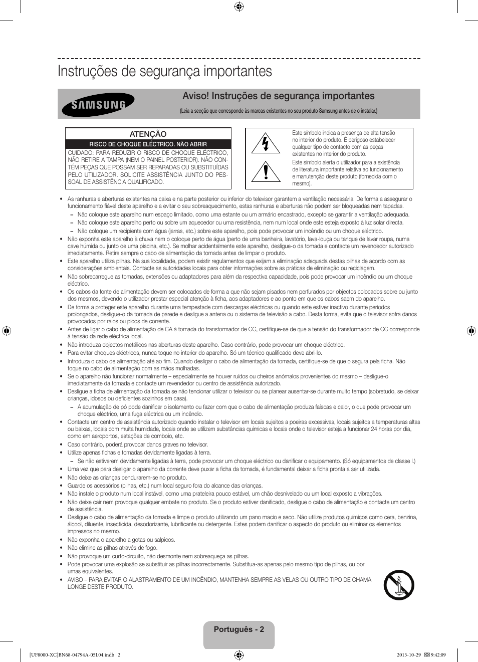 Instruções de segurança importantes, Aviso! instruções de segurança importantes | Samsung UE55F8000SL User Manual | Page 74 / 97