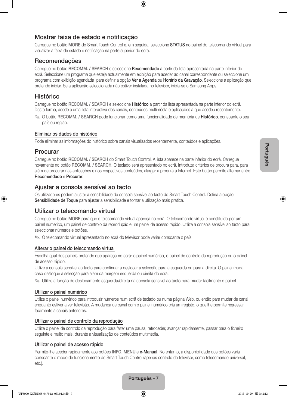 Mostrar faixa de estado e notificação, Recomendações, Histórico | Procurar, Ajustar a consola sensível ao tacto, Utilizar o telecomando virtual | Samsung UE55F8000SL User Manual | Page 79 / 97