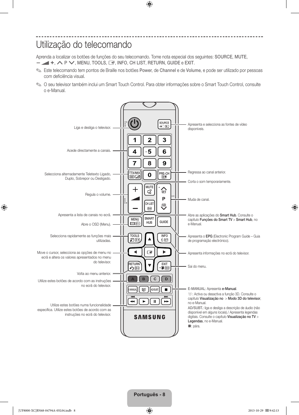 Utilização do telecomando | Samsung UE55F8000SL User Manual | Page 80 / 97