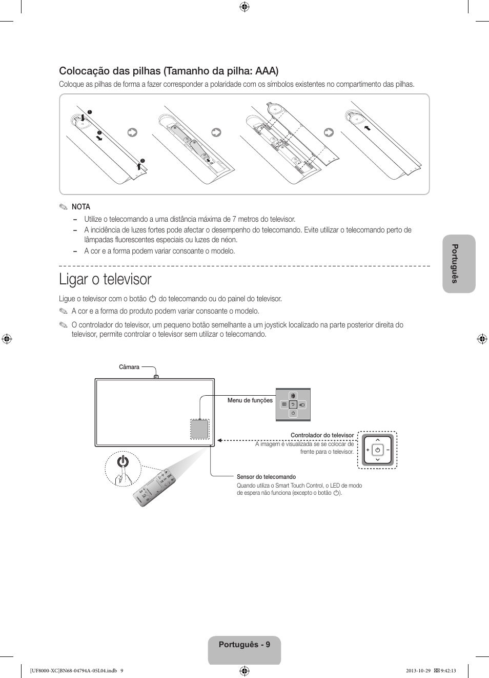 Ligar o televisor, Colocação das pilhas (tamanho da pilha: aaa) | Samsung UE55F8000SL User Manual | Page 81 / 97