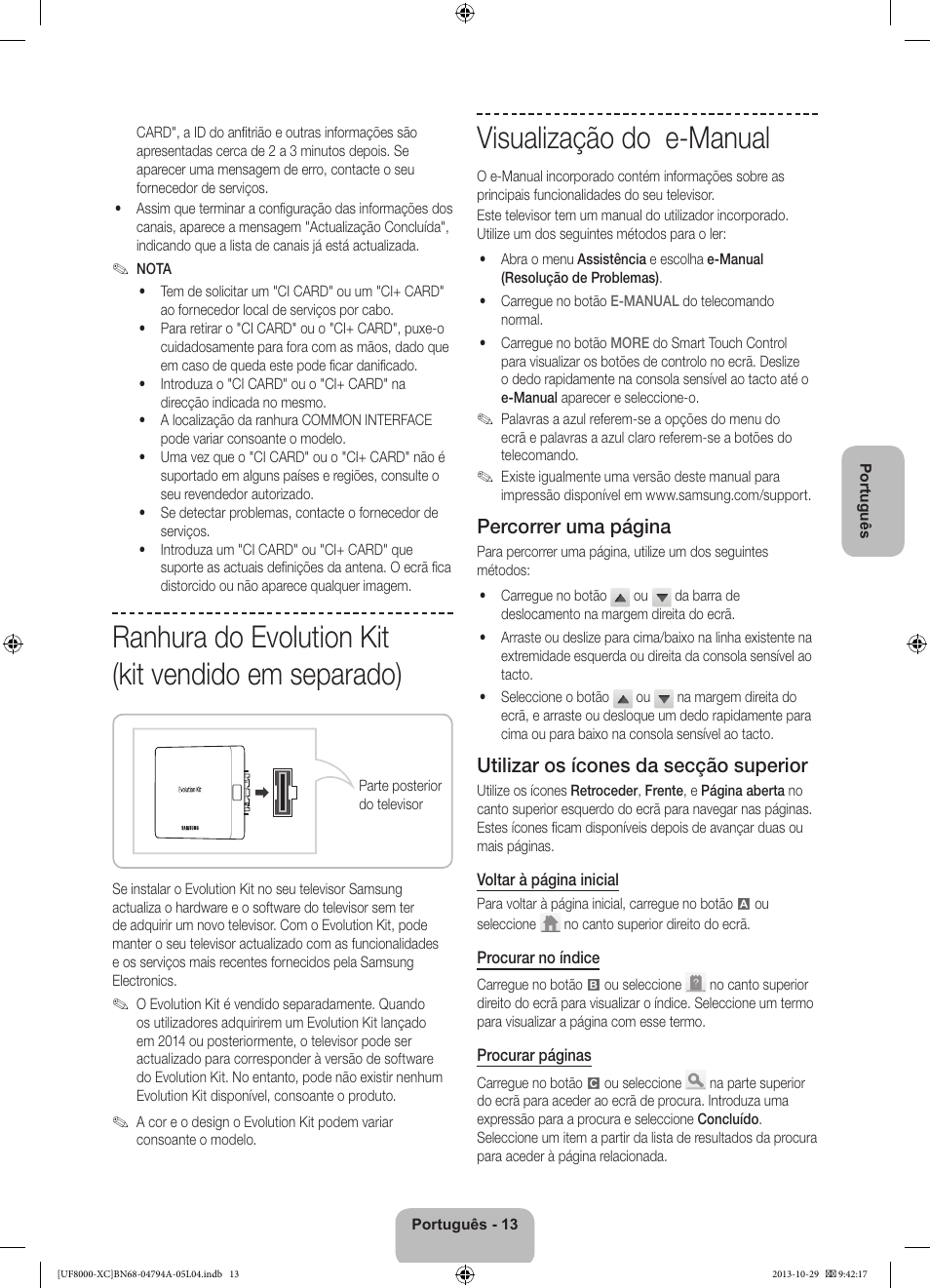 Ranhura do evolution kit (kit vendido em separado), Visualização do e-manual, Percorrer uma página | Utilizar os ícones da secção superior | Samsung UE55F8000SL User Manual | Page 85 / 97